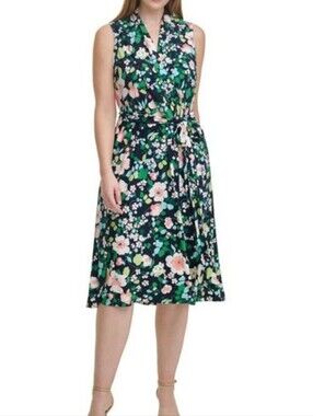 Tommy Hilfiger Blue Floral Aline Midi Dress Sleeveless Wrap Belt Summer Party